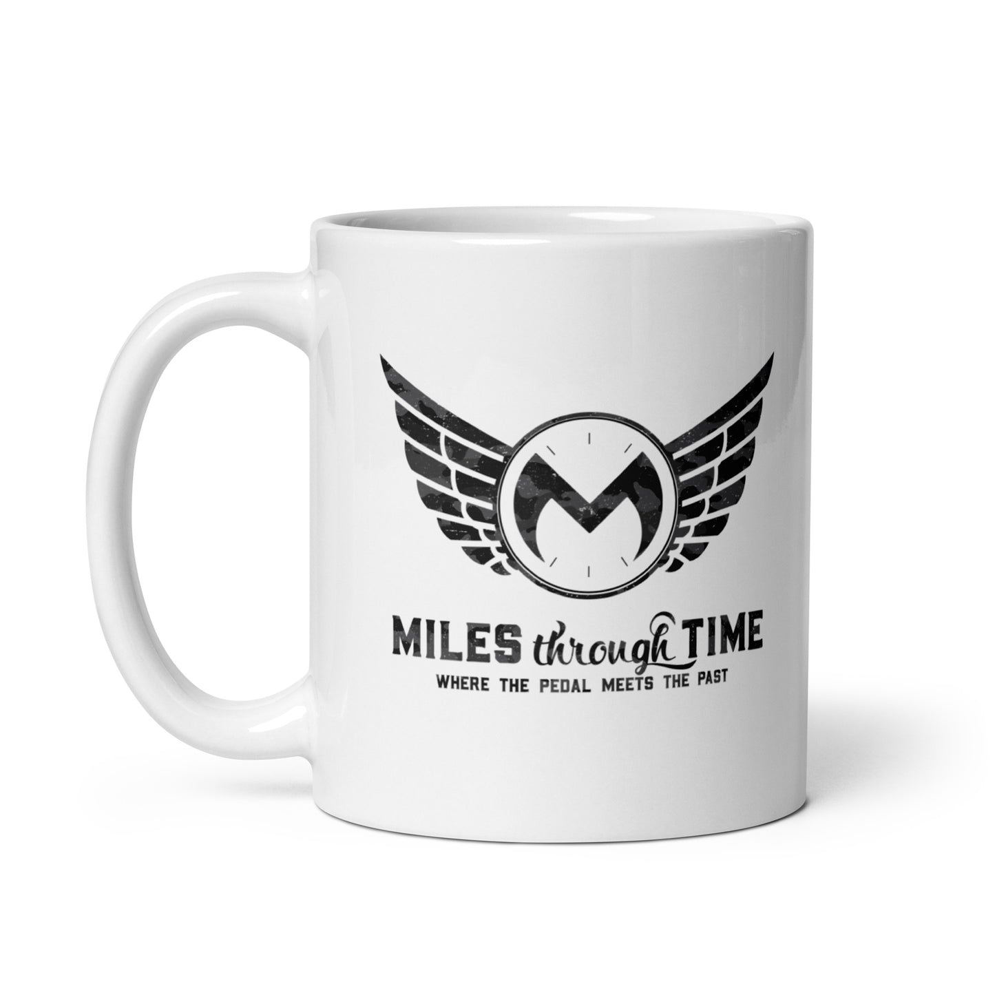 Miles Through Time White glossy mug