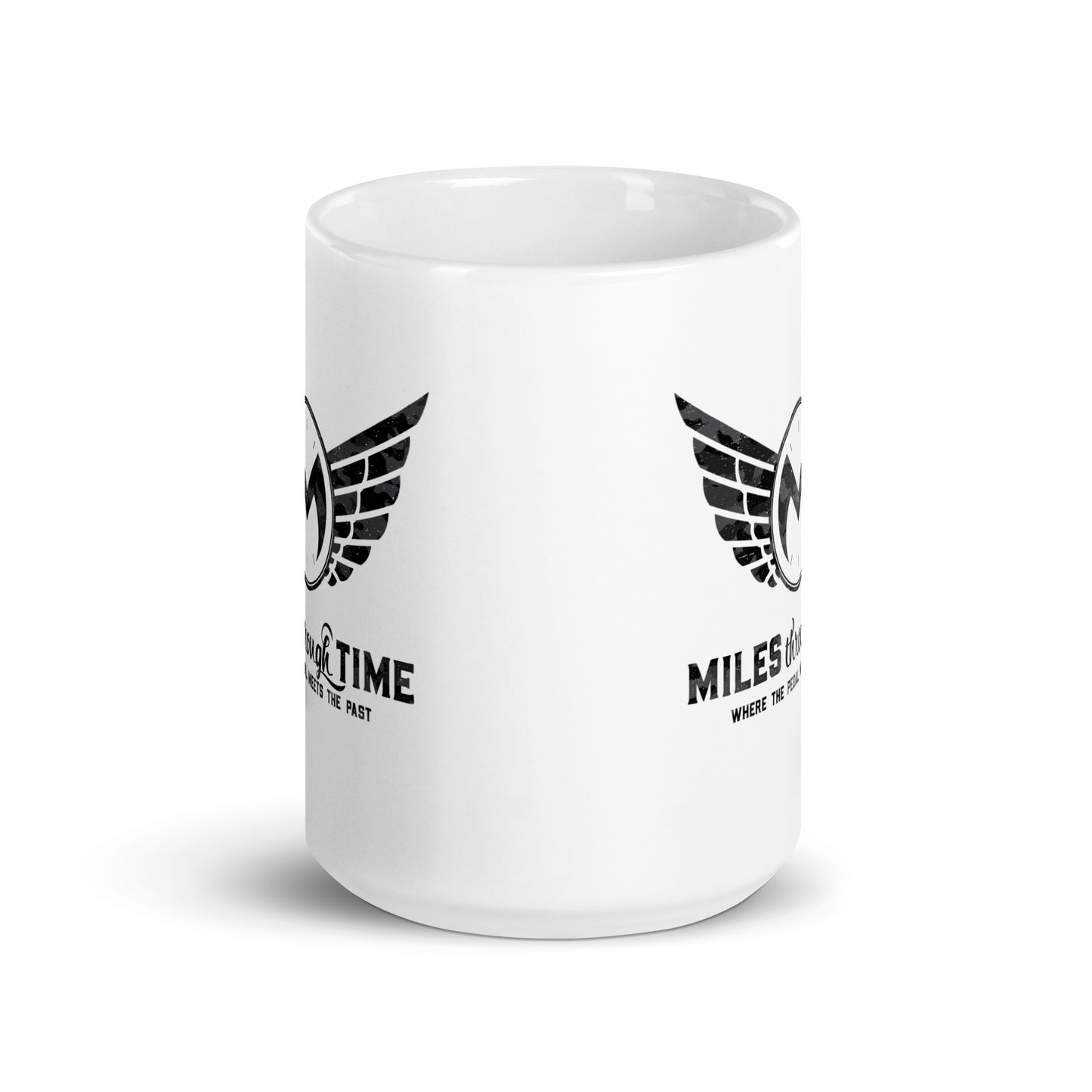 Miles Through Time White glossy mug