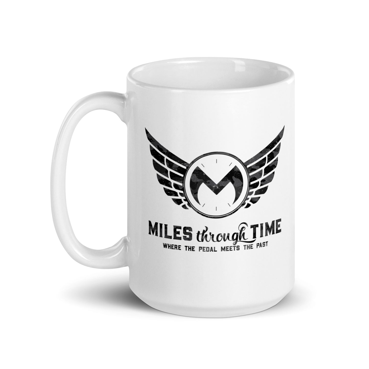 Miles Through Time White glossy mug