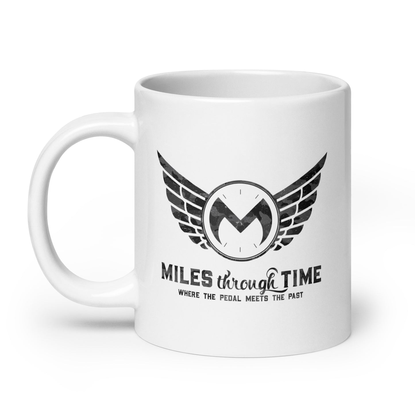 Miles Through Time White glossy mug