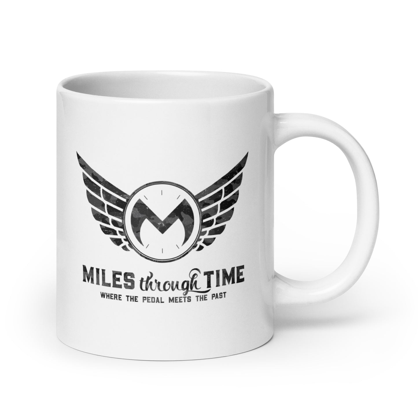 Miles Through Time White glossy mug