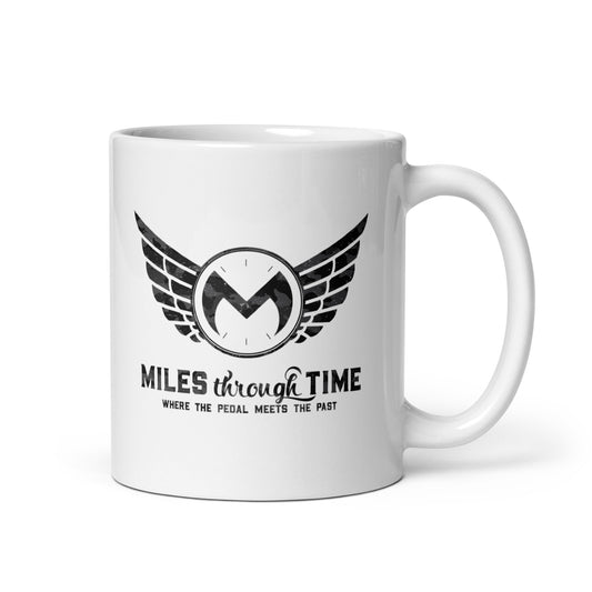 Miles Through Time White glossy mug